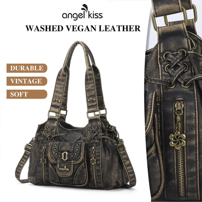 Angel Kiss Small hobo Bags for Women Retro Washed Leather Shoulder Handbag Roomy Top Handles Purses With Removable Strap