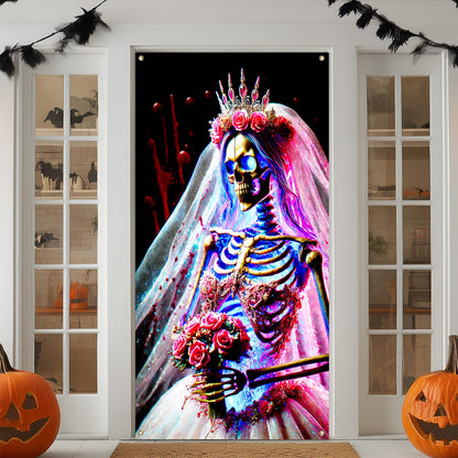 IVN Gothic Bride Skeleton Door Cover 35x71 Inch Dark Wedding Skull Crown Veil Rose Flowers Horror Blood Splatter Backdrop Halloween Front Door Decor Creepy Bridal Banner Scary Party Decoration