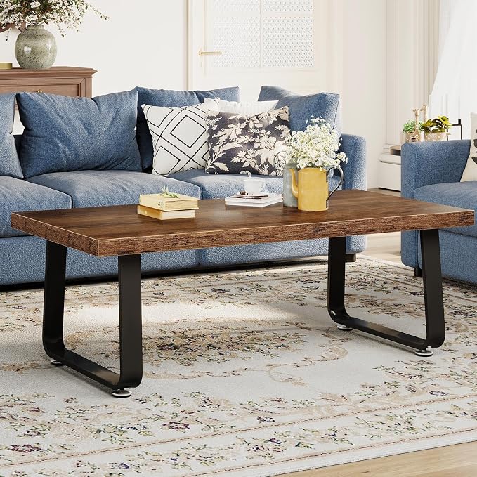 HSH Wooden Coffee Table, Industrial Rectangle Center Table, Modern Minimalist Coffee Table for Living Room, Farmhouse Wood and Metal Cocktail Tea Table for Bedroom Home Office, Rustic Brown, 47 in