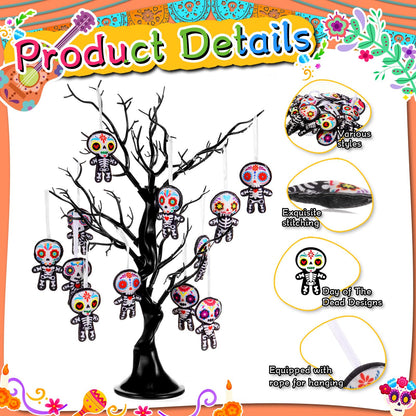 Remagr 12 Pcs Dia De Los Muertos Felt Ornaments, Mexcian Skeleton Halloween Ornaments for Day of The Dead Themed Party School Bags Indoor Outdoor Tree Hanging Decorations (Skull)