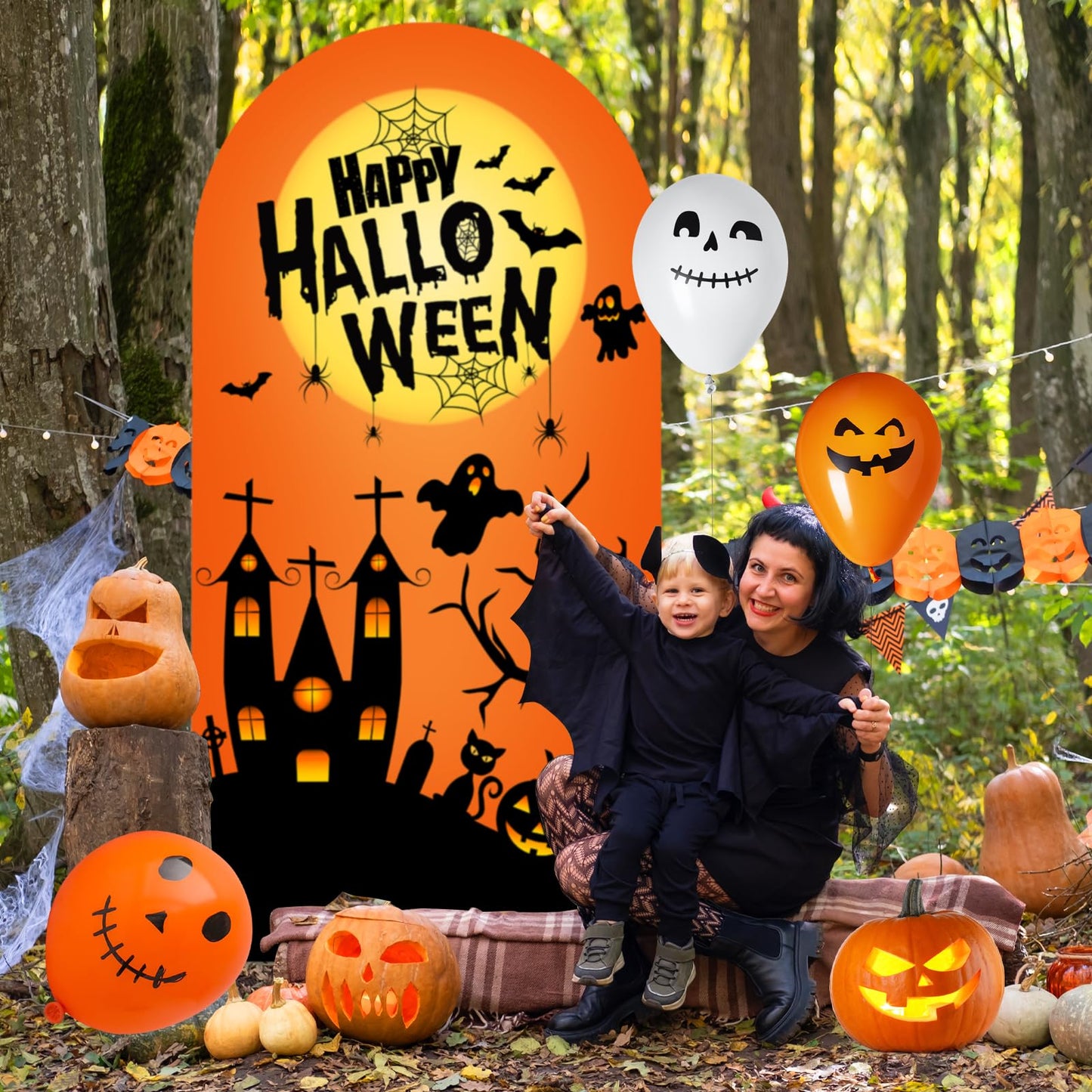 Happy Halloween Arch Backdrop Stand Cover 6ft Skeleton, Ghost Pumpkin Bat, Party, Spandex Arch Cover Horror Style Backdrop Fabric 2-Sided with Fall Pumpkin Spooky Witch Round Top for Halloween Party
