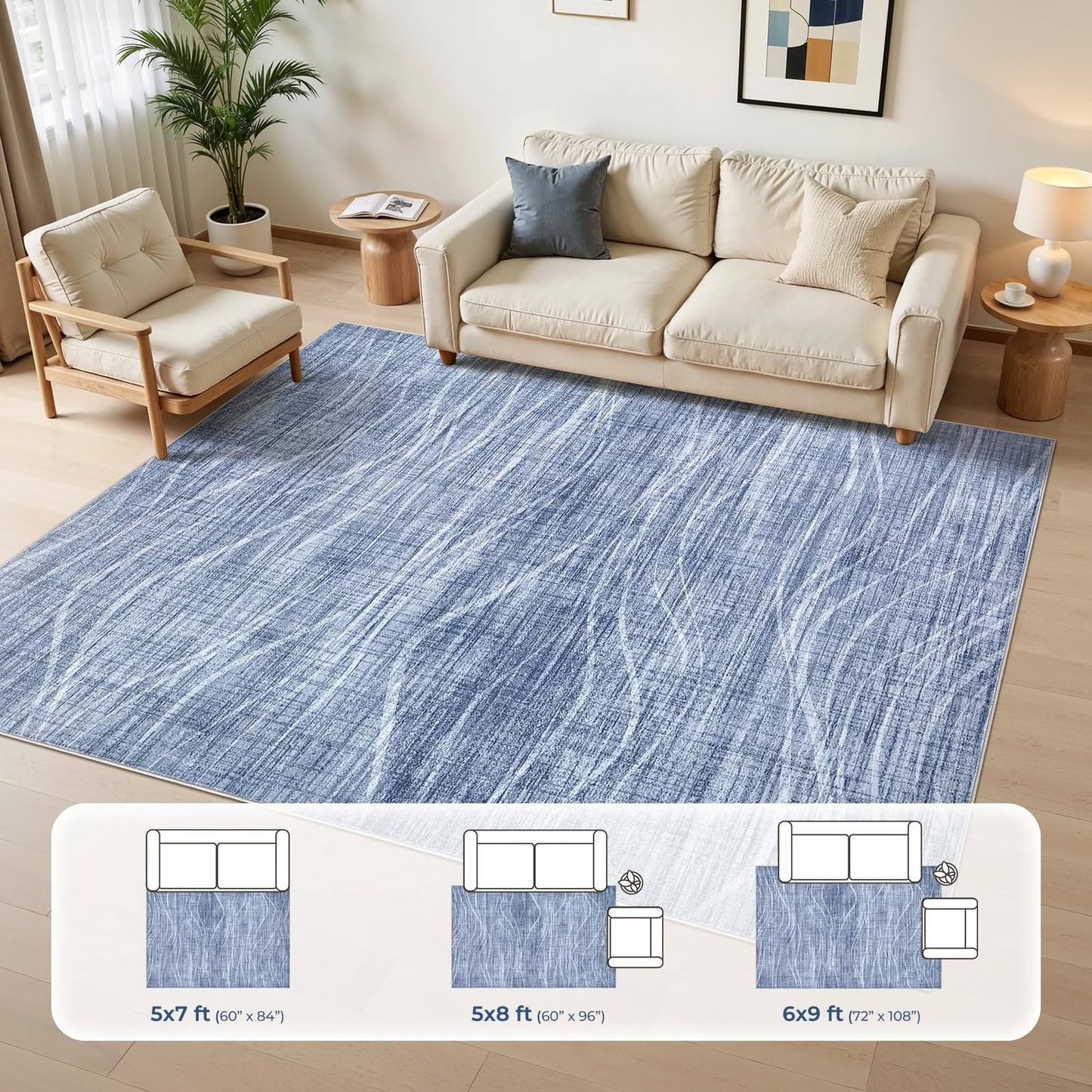 WITSHOCK 5x8 Area Rug Blue Rug for Living Room, Washable Rugs for Bedroom Dining Room Kitchen Nursery, Modern Wave Striped Rugs, Non Slip Stain Resistant Lightweight Carpet Home Decor, Blue