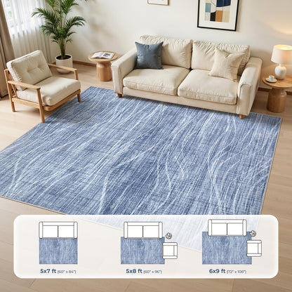 WITSHOCK 5x8 Area Rug Blue Rug for Living Room, Washable Rugs for Bedroom Dining Room Kitchen Nursery, Modern Wave Striped Rugs, Non Slip Stain Resistant Lightweight Carpet Home Decor, Blue