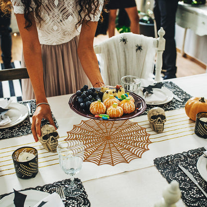 Sfcddtlg 6 Pcs Halloween Spider Web Placemats- 15"" Heat Insulation Halloween Placemats Spider Web Table Mats- Hollow Out Spiderweb Coasters Placemat for Dining Table Halloween Decoration (Brown)