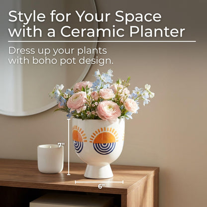 Sagebrook Home Boho Ceramic Planter with Pedestal Base - Hand-Painted Stoneware Plant Pot for Home & Garden - Modern Decorative Design - 7" White