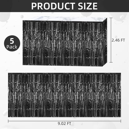 5 Pack Black Foil Fringe Table Skirt 29x108 Inch Metallic Foil Fringe Table Skirts Tinsel Streamer Curtains Backdrop Parade Floats Birthday Halloween Christmas Party Decoration (Black)