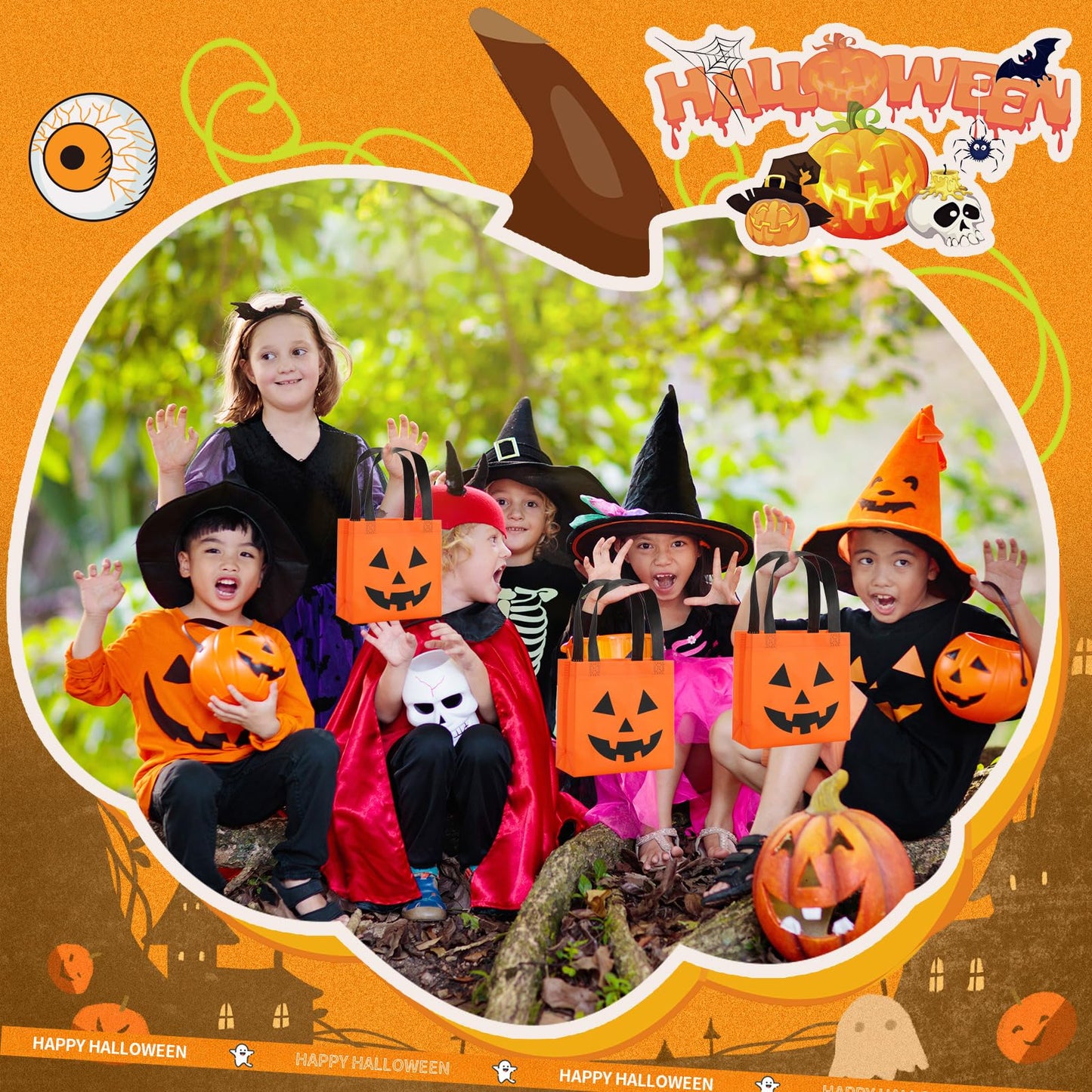 Silkfly 7.9 x 7.9 Inches Halloween Non Woven Bags Pumpkin Bags Trick or Treat Bags with Handles Goody Tote Gift Bag for Halloween Party Favors Supplies Kids Adults (50), (HAA-Silkfly-1274)