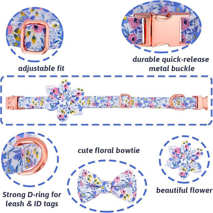 Dog Collar and Leash Set Girls Adjustable Puppy Collars with Floral Bow Tie for Small Medium Large Female Dogs, Blue Flower, S