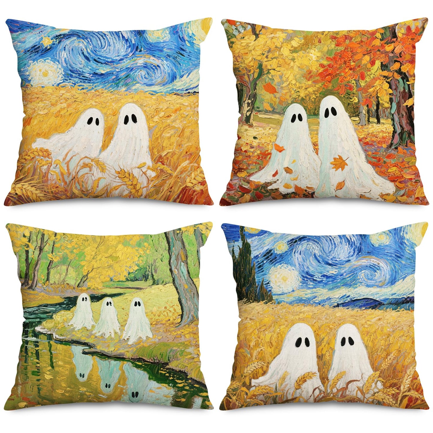 Whaline 4Pcs Halloween Pillow Covers Van Gogh Ghost Starry Sky Throw Pillow Case Decorative Cushion Cover for Sofa Couch Bed Home Office, 18 x 18 Inch