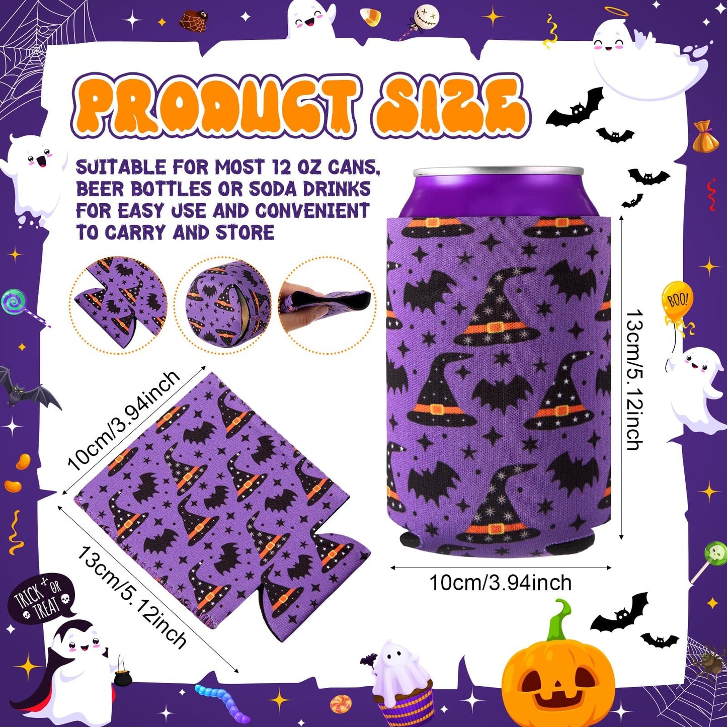 Yiyiring 16 Pcs Halloween Beer Can Cooler Sleeves 12 oz Drink Can Cooler Reusable Neoprene Cold Drinks Bottle Sleeves with Witch Pumpkin Bat Ghost Pattern for Halloween Trick or Treat Party Supplies