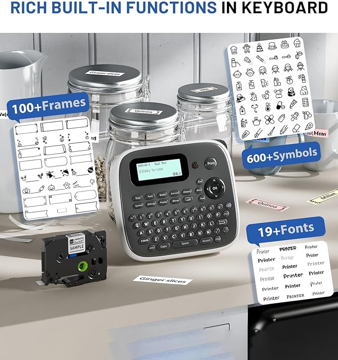 Label Maker Machine with-Tape, Label Maker Waterproof-Labels, Portable Labeler Machine with Keyboard, D210S Label Maker Multiple Symbols for Home Small Business Kids Teachers School Supplies