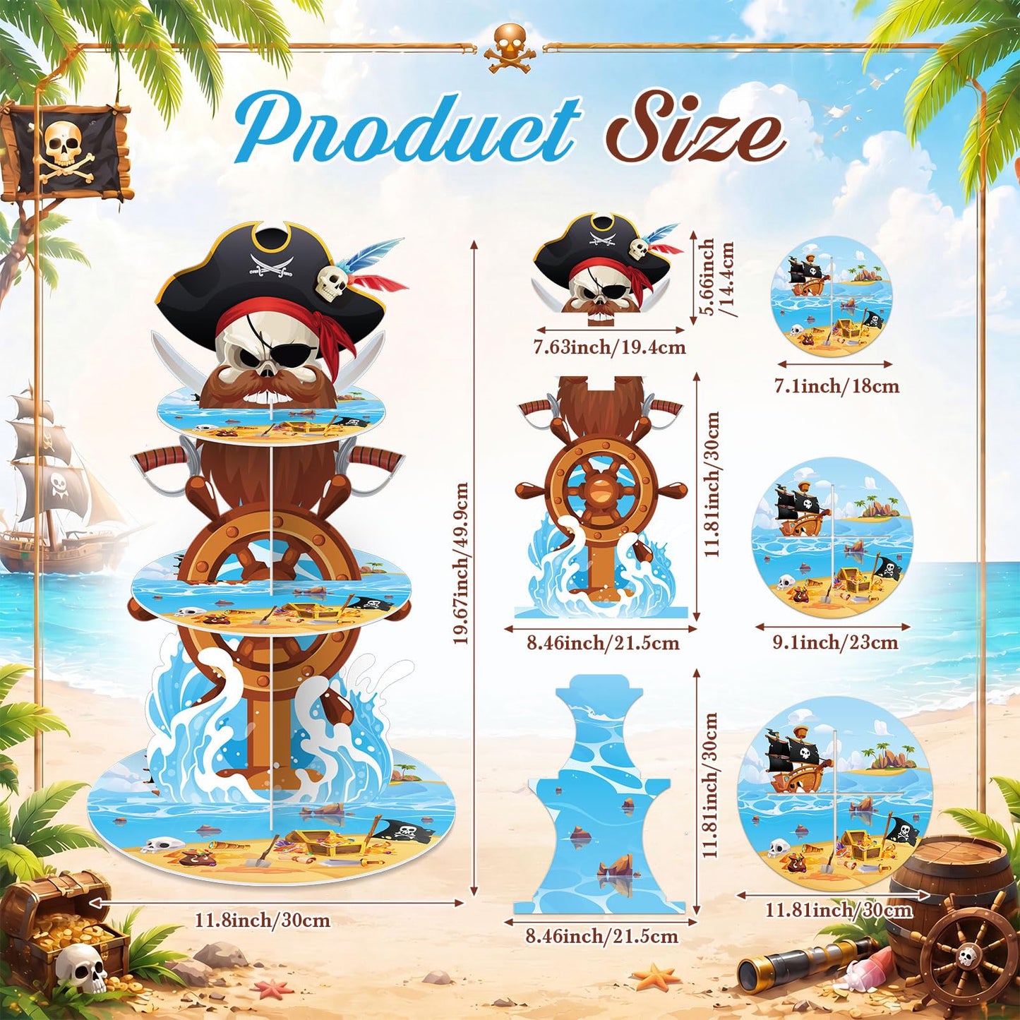 Widecook 3 Tier Pirate Cupcake Stand Decoration Nautical Sailing Skull Cap Cupcake Tower Pirate Table Decoration Treasure Dessert Holder Table Display for Birthday Halloween Nautical Party Decor