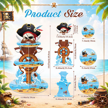 Widecook 3 Tier Pirate Cupcake Stand Decoration Nautical Sailing Skull Cap Cupcake Tower Pirate Table Decoration Treasure Dessert Holder Table Display for Birthday Halloween Nautical Party Decor