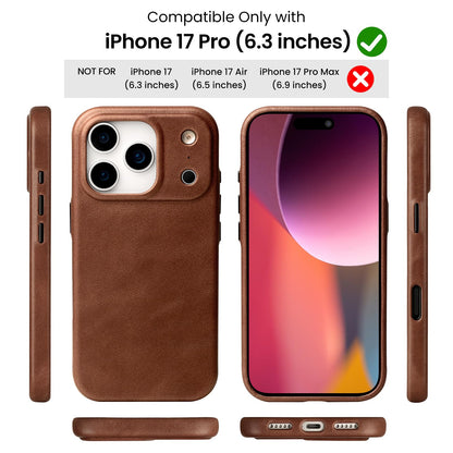 LUCKYCOIN Premium Leather Phone Case for iPhone 17 Pro 6.3in，Compatible with MagSafe & Wireless Charging，Built-in Camera Control Button，100% Full-Grain Cowhide Leather Slim Phone Case - Dark Brown
