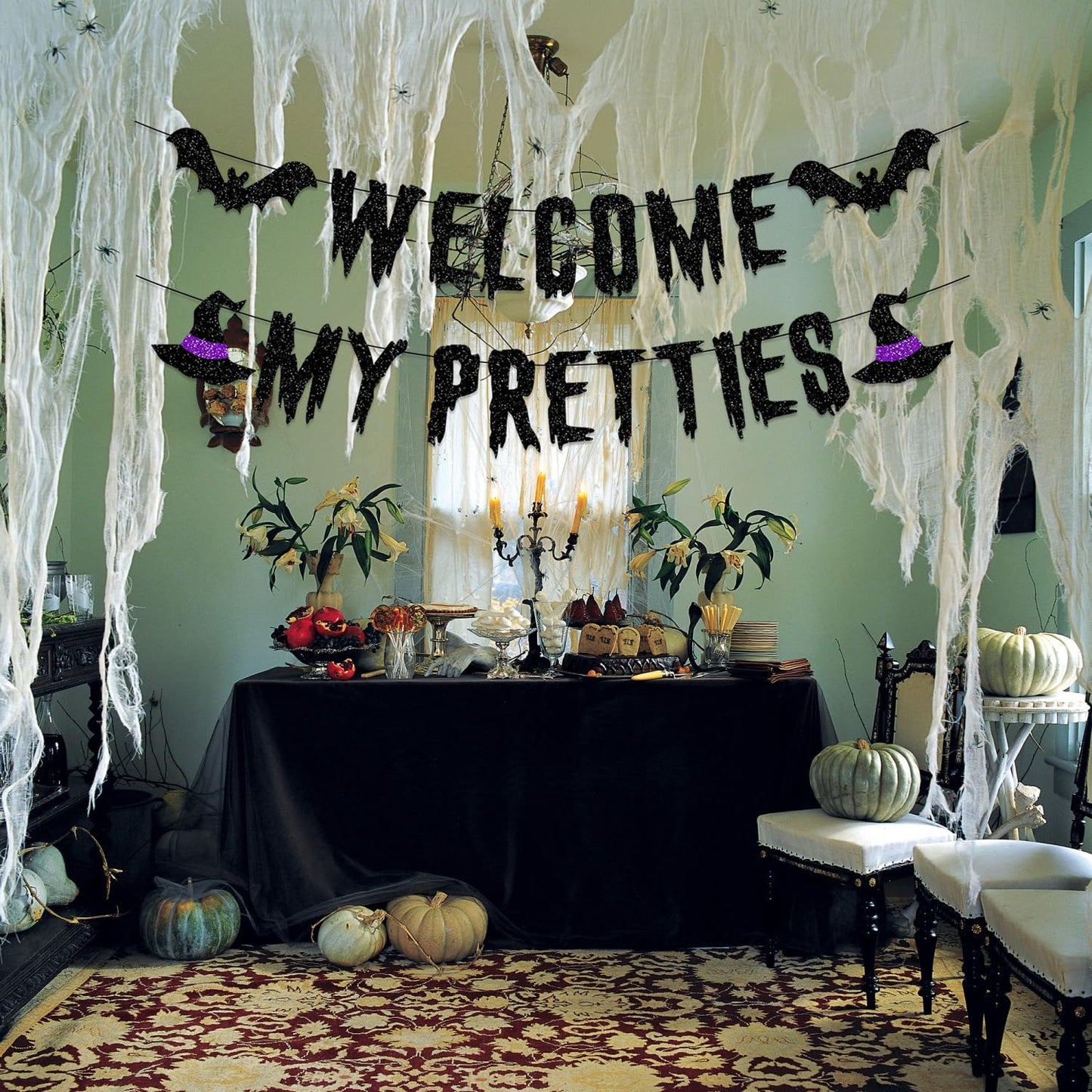 Welcome My Pretties Banner Sign - Halloween Decorations, Welcome Sign Door Hanger, Witches Mantel Fireplace Party Decorations