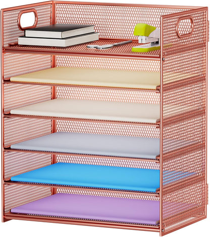 Marbrasse 6 Tier Paper Organizer Letter Tray - Mesh Desk File Organizer with Handle, Paper Sorter Organizer for Letter/A4 Office File Folder Holder - Rose Gold