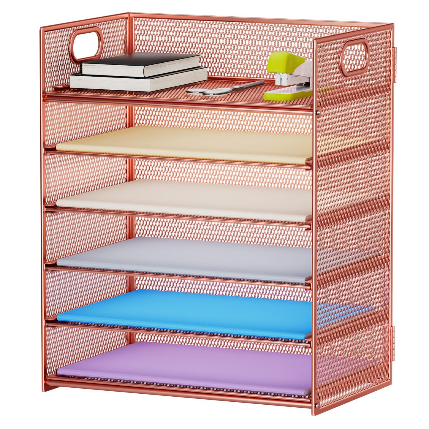 Marbrasse 6 Tier Paper Organizer Letter Tray - Mesh Desk File Organizer with Handle, Paper Sorter Organizer for Letter/A4 Office File Folder Holder - Rose Gold