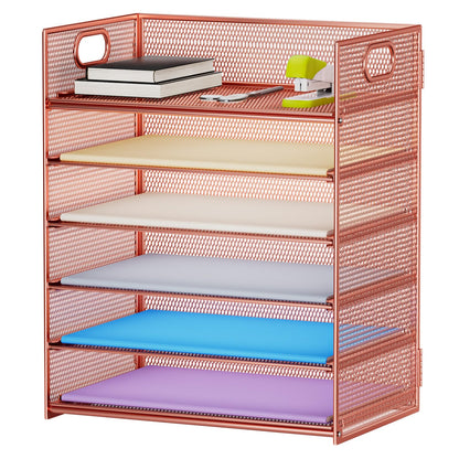 Marbrasse 6 Tier Paper Organizer Letter Tray - Mesh Desk File Organizer with Handle, Paper Sorter Organizer for Letter/A4 Office File Folder Holder - Rose Gold