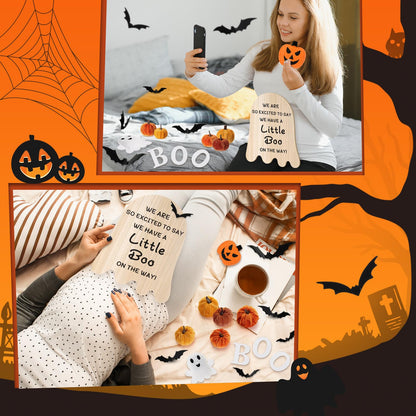 Fiwochic 22 Pcs Fall Pregnancy Announcement Set Fall Thanksgiving Baby Reveal Idea Include "we Have a Little Boo" Wooden Ghost Shape Sign Velvet Pumpkin 3D Bat Felt Ghost Pumpkin for Baby Shower Party