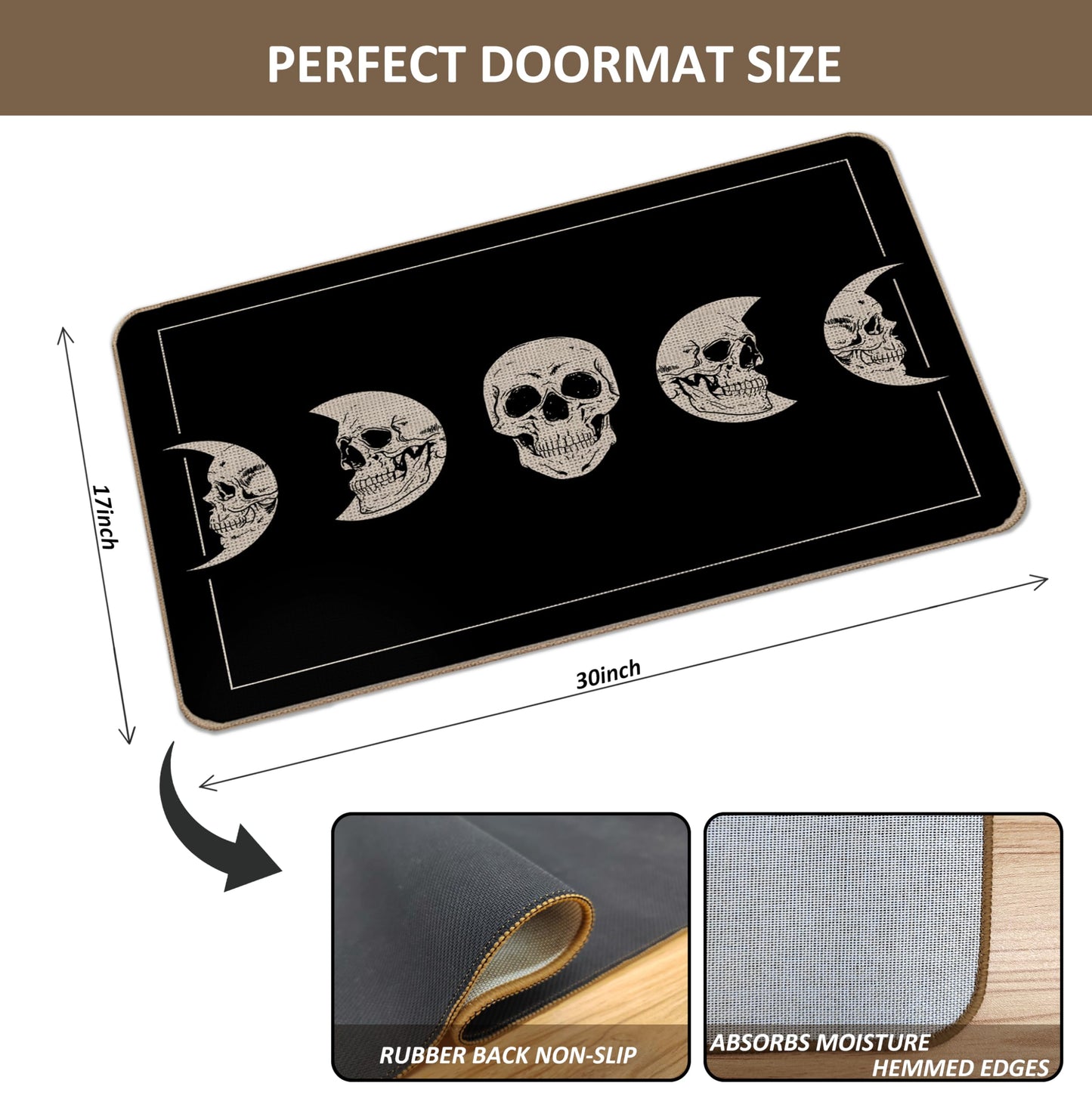 Lacosu Halloween Skull Moon Phase Door Mat - Skeleton Entrance Floor Mat, 17"X30"