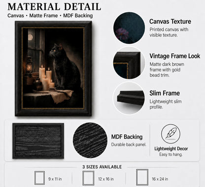 TravelReady Dark Brown Framed Canvas Wall Art Black Cat and Candle Damage-Free Hook and Loop Gothic Elegance Dark Academia Picture Decor for Bedroom Living Room, 9x11 in