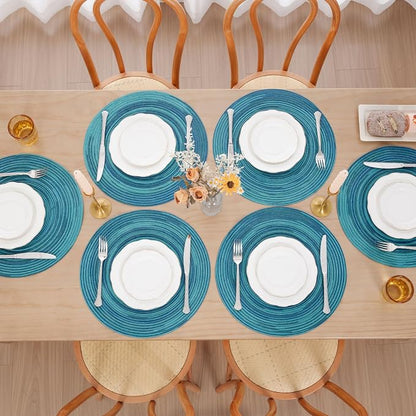 SHACOS 15 inch Round Placemats Set of 4 Variegated Multicolor Place Mats Cotton Polyester Braided Non Slip Washable Heat Resistant Table Mats for Home Wedding Dinner Party Table Decor, Rainbow Teal