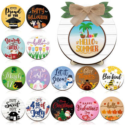 Geetery 17 Pieces Summer Interchangeable Season Sign DIY Holiday Icons Decor with Wooden Easel Round Home Decorative with 15 Seasonal Icons Holiday Sign Set for Tabletop Porch Decoration