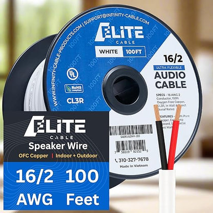 Elite 16/2 Speaker Wire 100ft, UL Listed, CMR/CL3R, (Riser/in-Wall & Outdoor/In-Ground (Direct Burial)- 100% Oxygen Free Pure Bare Copper (OFC), 16AWG/2-Conductor, 100ft Bulk Cable (65 Strands) White