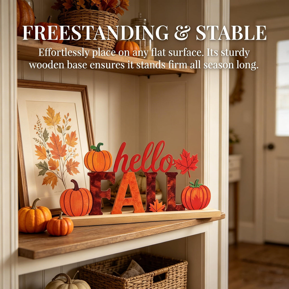 LianheCy Hello Fall Metal Sign with Wooden Base Freestanding Rustic Pumpkin Tabletop Decor Tiered Tray Centerpiece Autumn Decorations for Home Mantel Shelf Fireplace Office
