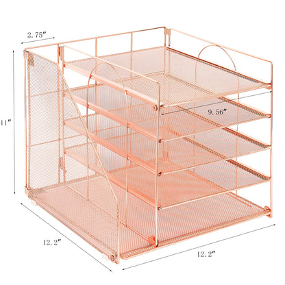 LEKETREE Desk Organizers and Accessories, 5-Tier Paper Letter Tray Organizer with File Holder, Desktop Organizer for Office Supplies (Rose Gold)