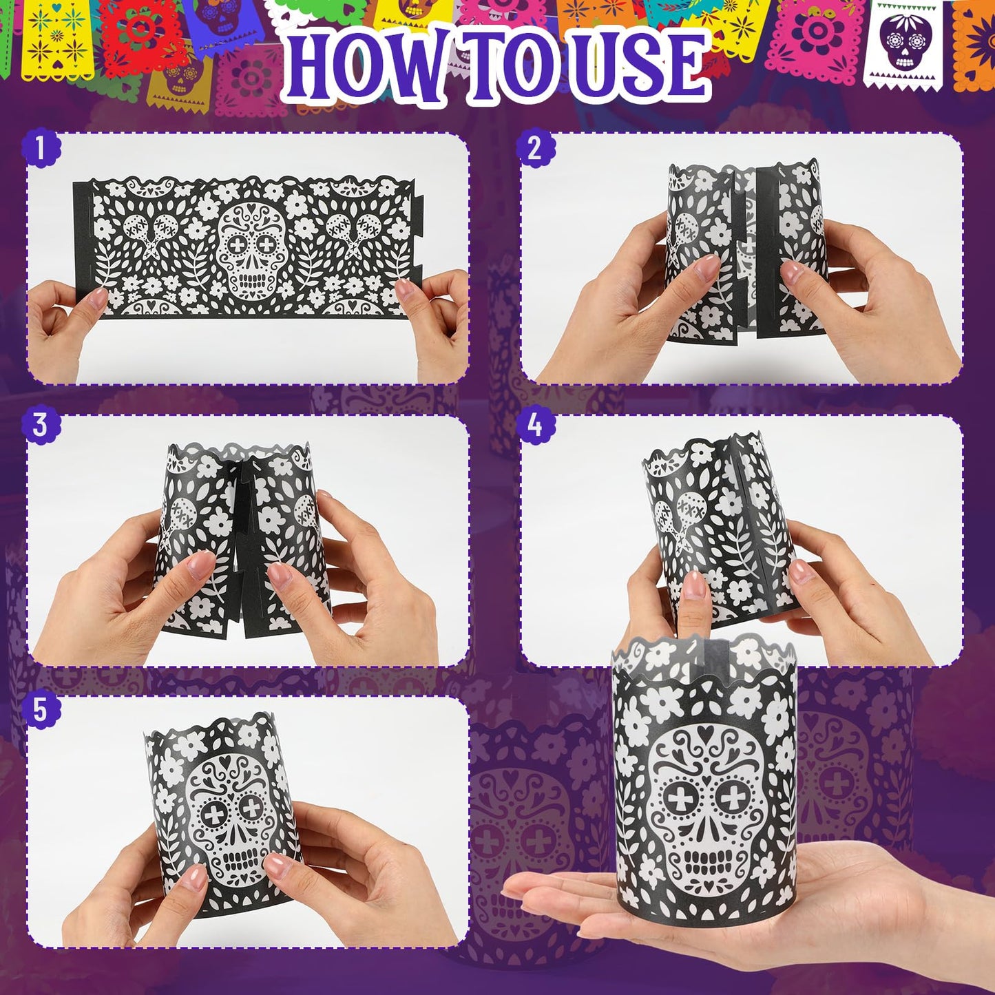 Tuanse 24 Pcs Dia De Los Muertos Decorations Luminary Paper Day of The Dead Votive Candles Holders Altar Paper Lampshade for Halloween Dia De Los Muertos Party Decor Supplies(Black)