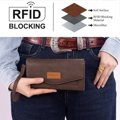 Montana West X Wrangler Women's Wallets Large Wristlet for Woman Ladies Female Trifold Cash Wallet with Wrist Strap and Rfid Lining