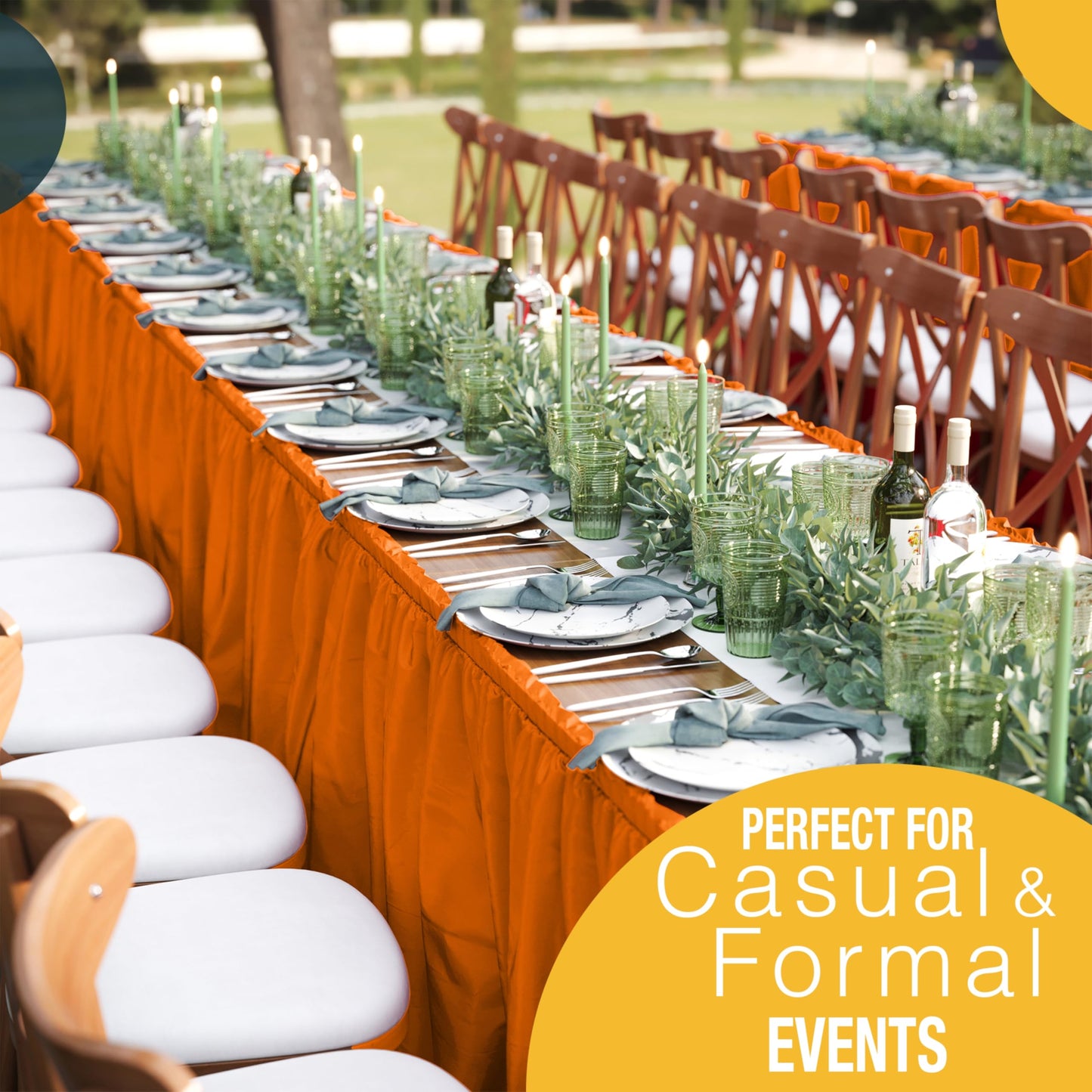 Exquisite Orange Table Skirt 6 Pack - Disposable Plastic Table Skirts for Rectangle Tables 6ft 8ft & Round Tables - 29in x 14ft Self-Adhesive Strip - Birthday Wedding Gender Reveal Decor