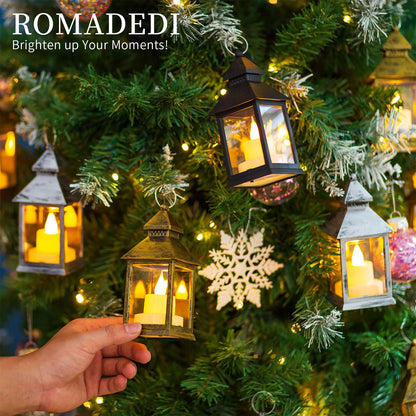 Romadedi Mini Lanterns Decorative for Centerpiece -10 PCS Hanging Small Gold Lantern Bulk with Flickering LED Candles for Wedding Table Decor Halloween Decorations Christmas, Batteries Included