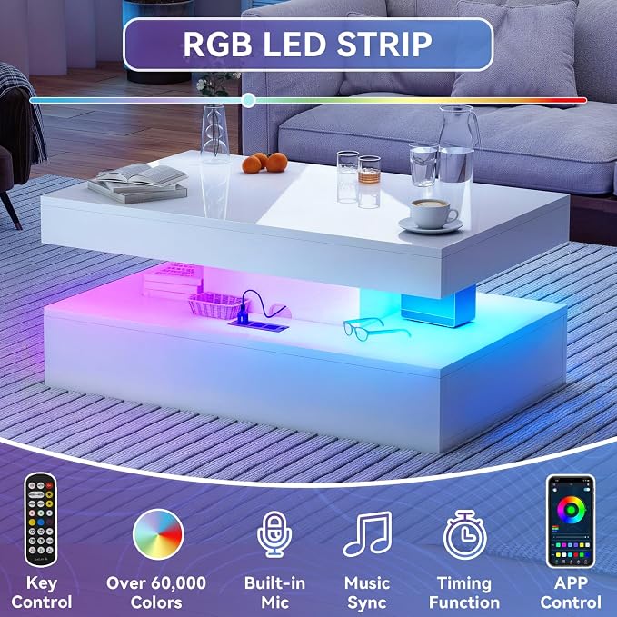 39” High-Glossy LED Coffee Table with 2 Sliding Drawers, Living Room Storage Coffee Tables, Modern Stylish Double-Layer Center Tables with LED Lights, White
