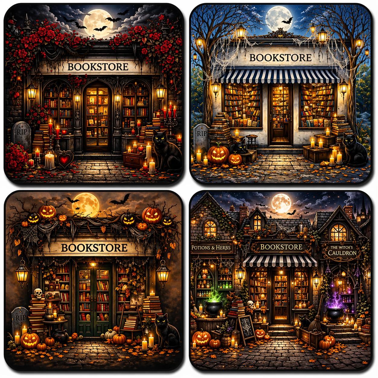 Halloween Bookstore Scene Coaster Set – Gothic, Spooky, Pumpkin and Witchy Bookshop Art for Cozy Autumn Decor (October Bookstore)
