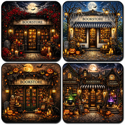 Halloween Bookstore Scene Coaster Set – Gothic, Spooky, Pumpkin and Witchy Bookshop Art for Cozy Autumn Decor (October Bookstore)