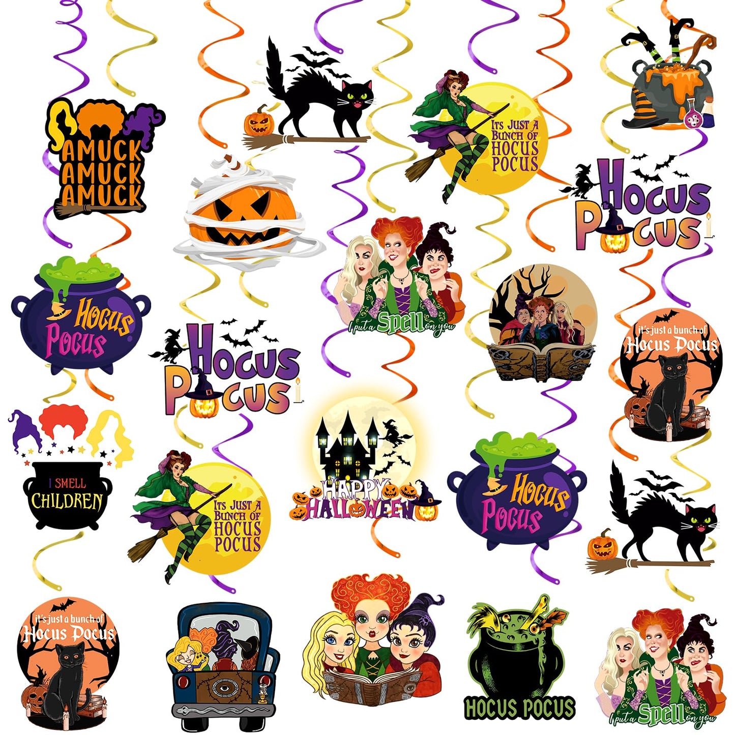LeeSky 30Pcs Hocus Pocus Hanging Swirls, Halloween Party Streamers, Purple, Black, Orange Paper Round Streamers
