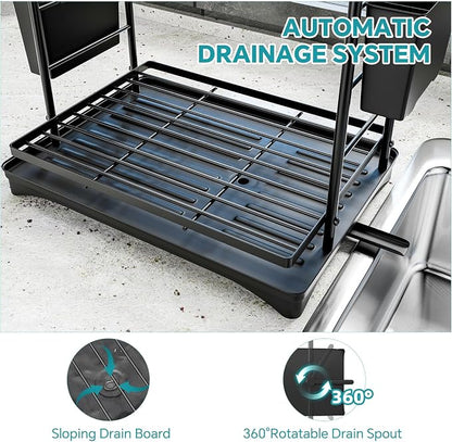 Simple Trending Dish Rack, Dish Drying Rack 2 Tier, Stainless Steel Dish Drainers with Utensil Holder and Drainboard for Kitchen Sink Organizers, 12" w x 16.6" L, Black