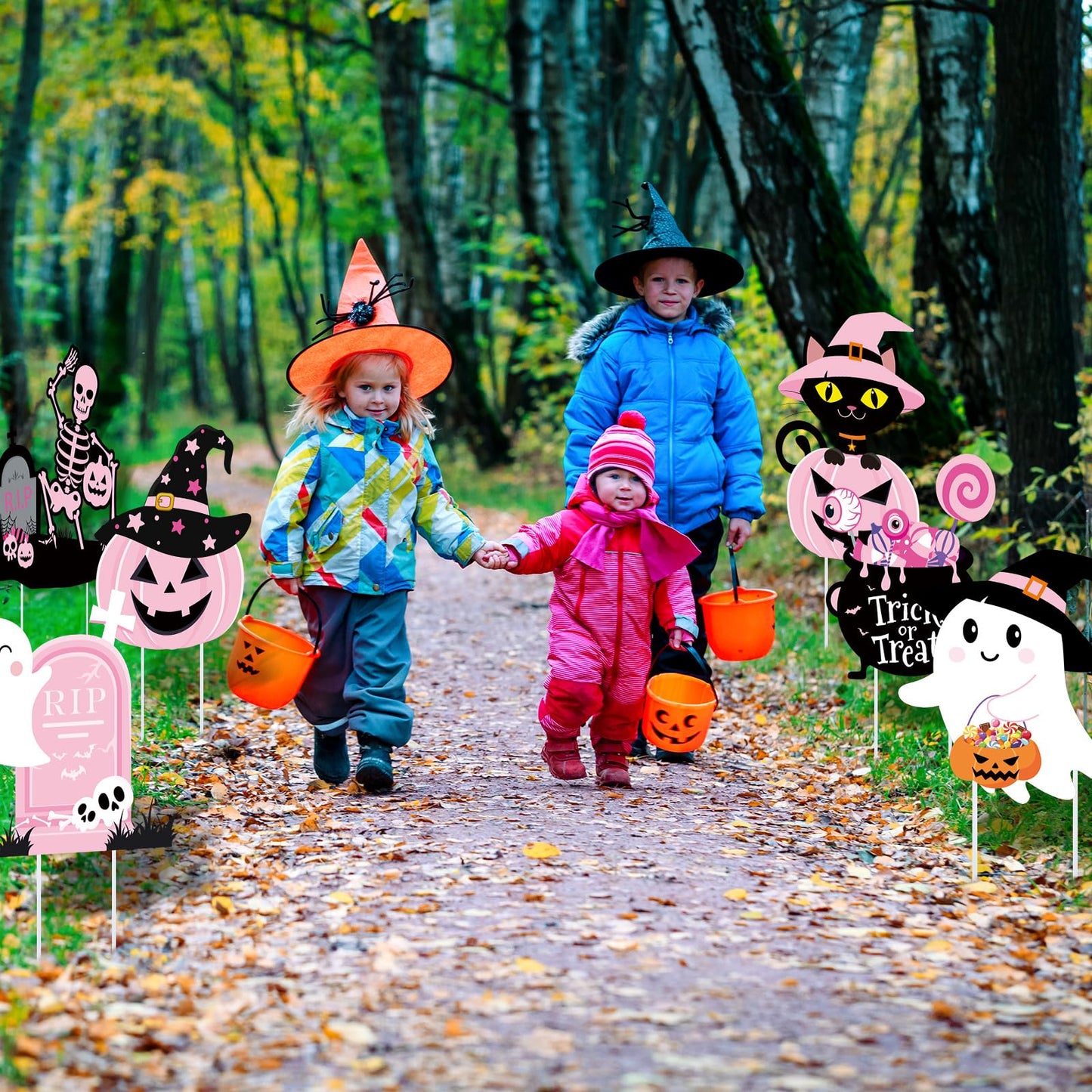 Huwena 12 Pcs Pink Halloween Decorations Cute Halloween Baby Shower Yard Stakes Spooky Pumpkin Cat Ghost Witch Garden Signs with Stakes for Halloween Happy Boo Party Lawn Patio Outdoor