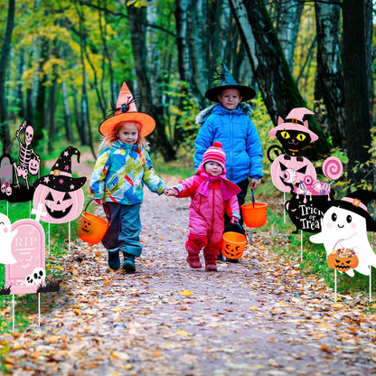 Huwena 12 Pcs Pink Halloween Decorations Cute Halloween Baby Shower Yard Stakes Spooky Pumpkin Cat Ghost Witch Garden Signs with Stakes for Halloween Happy Boo Party Lawn Patio Outdoor