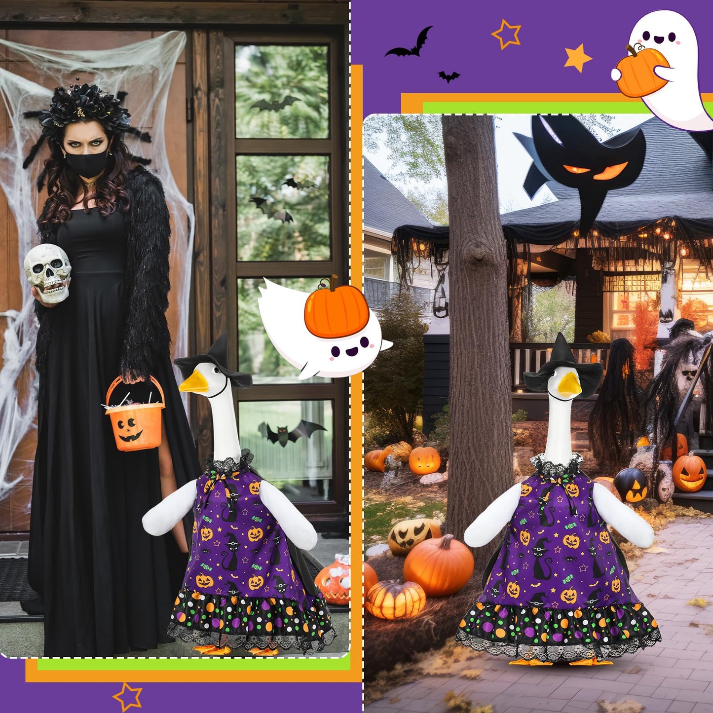 Shyyween Halloween Porch Goose Outfit Set for 23'' Plastic Lawn Goose Statue Clothes Witch Skirt Halloween Costume for Outdoor Patio Yard Lawn Art Decor
