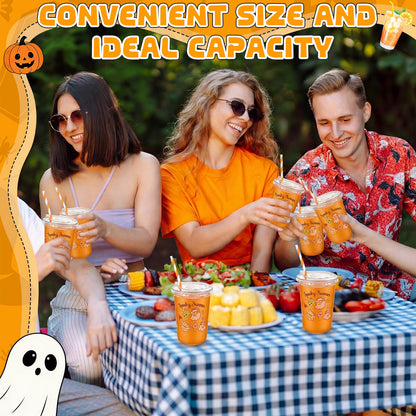 Rtteri 50 Sets Spooky Summer Plastic Cups with Lids and Straws 16 oz Disposable Clear Ghost Themed Cups Bulk for Iced Coffee Juice, Summer Halloween Birthday Party Decorations