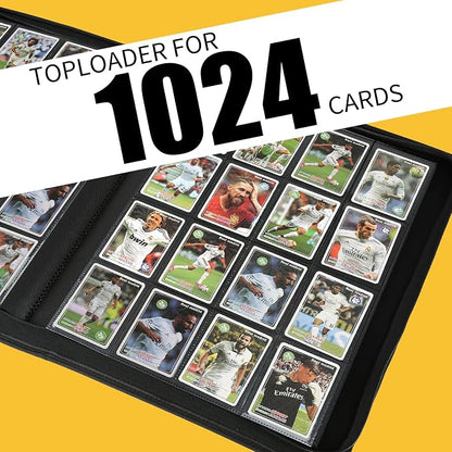 16 Pocket Ringless Side Loading Trading Card Binder, 1024 Cards PU Fixed Page Zipper Card Album for TCG Sports Game Cards, Not Fit Top Loaders (Black)