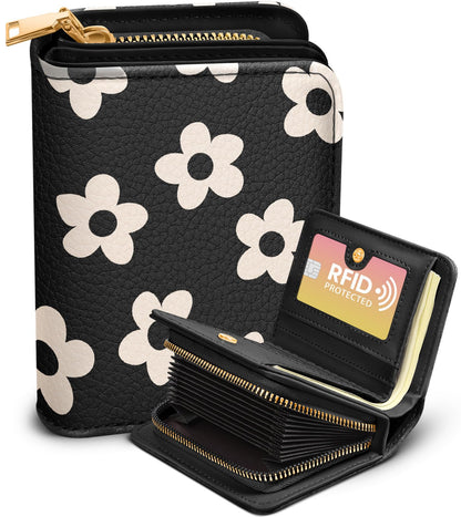 Bistup Credit Card Holder Wallet for Women - Cute Leather Ladies Teen Girls Female Cardholder Wallets Accordion Purse Small Medium Aesthetic Print Black Flower Unique Modern Rfid Zipper Around