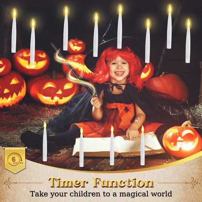 Halloween Decorations - Floating Candles with Wand & 6-Hour Timer - Flameless LED Hanging Candles with Clip, Battery Operated Window Taper Candle for Indoor/Outdoor Halloween & Holiday Decor 12PCS