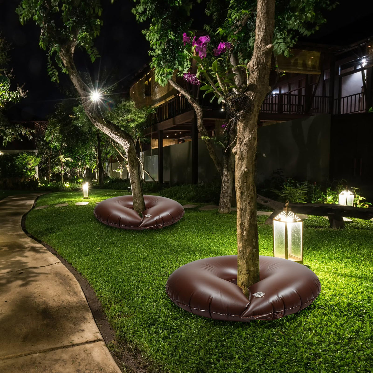 TaoBary 2 Pcs 10 Gallon Tree Watering Ring Bag Slow Release Watering Bag Deep Root Automatic Drip System PVC Drip Irrigation Pouch Donuts for Newly Planted Multi Trunk Trees Shrubs (Brown)