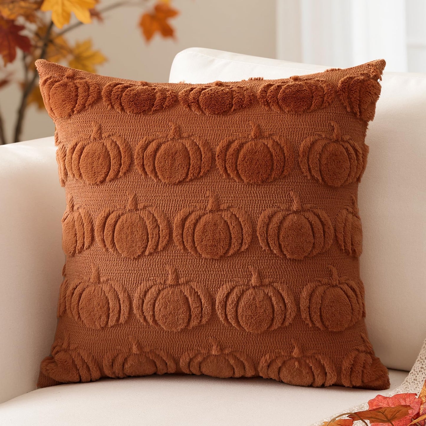 Artscope Fall Pillow Covers 18 x 18 Set of 2 Decorative Autumn Harvest Holiday Pumpkin Throw Pillow Cases Soft Plush Faux Fur Couch Cushion Case for Farmhouse Halloween Sofa Bed Room Home Decor-Rust