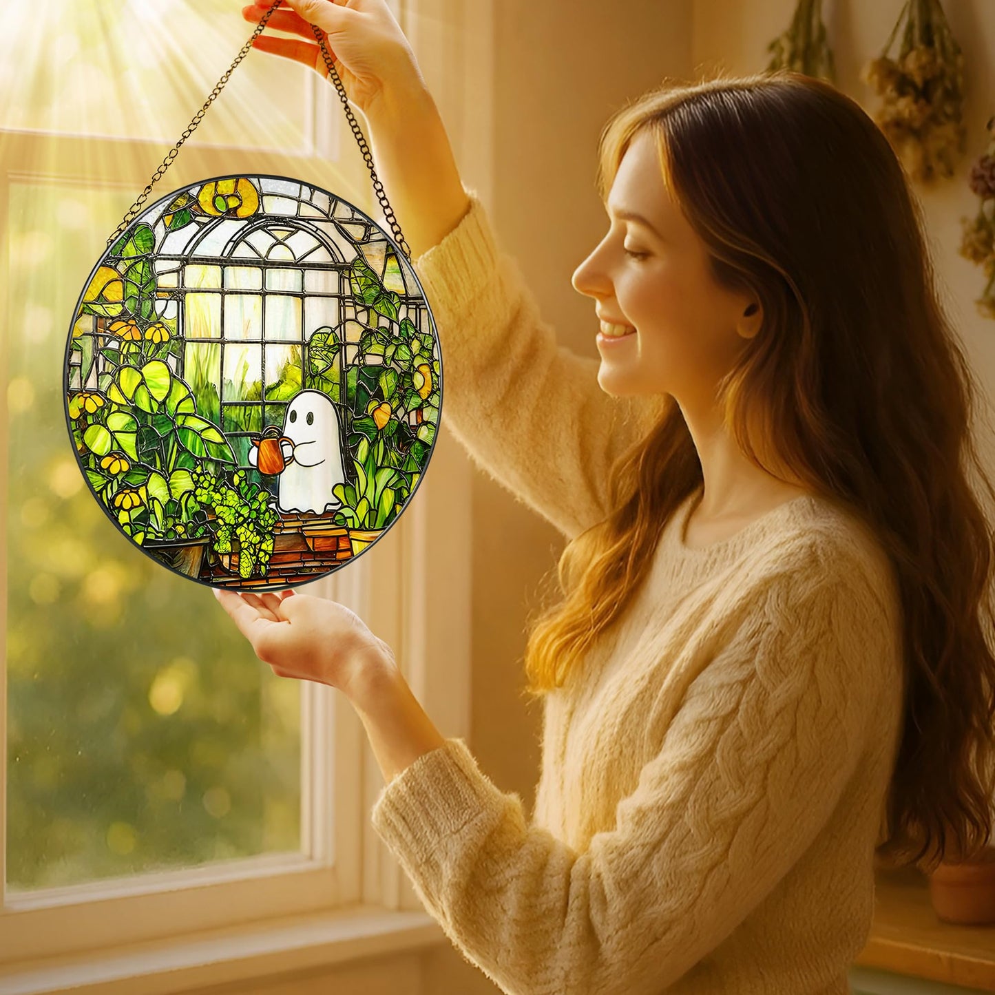 LAOWEIKI 8'' Halloween Ghost Greenhouse Sun Catcher Ornament, Stained Glass Window Hanging, Sun Catchers for Windows Hanging Ornaments, Window Decor, Holiday Present, Ideal Gift | Plant Lovers Gifts