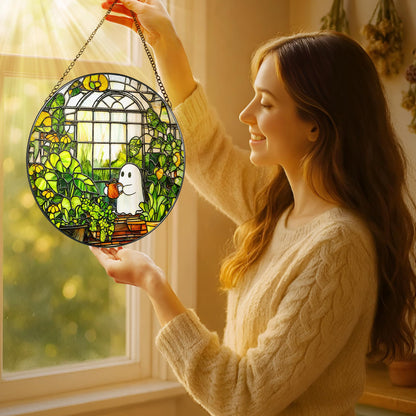 LAOWEIKI 8'' Halloween Ghost Greenhouse Sun Catcher Ornament, Stained Glass Window Hanging, Sun Catchers for Windows Hanging Ornaments, Window Decor, Holiday Present, Ideal Gift | Plant Lovers Gifts